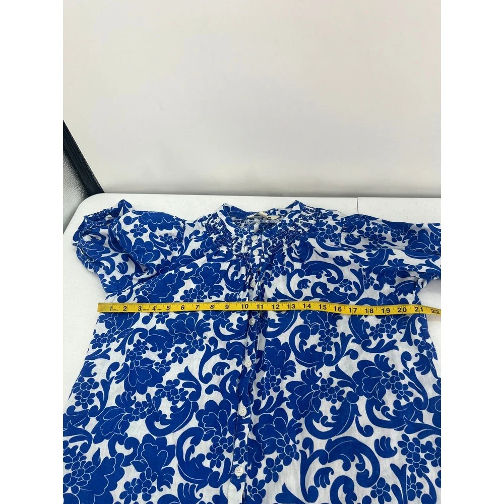 Boden Womens 10 Blue White Floral Linen Smocked Puff Sleeve Button Down Blouse
